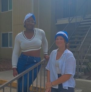 Blue beanie with matching ear warmer/headband